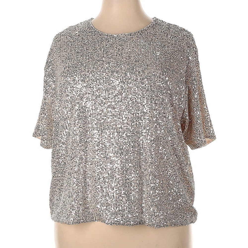 H&M Sequined Short Sleeve Top in Silver